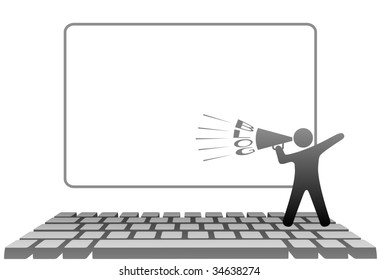 A symbol person blogger with a megaphone BLOGS on a PC computer keyboard in front of monitor copyspace.