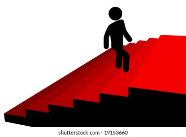 A symbol person climbs up a red carpet stairs to a platform of success at the top.