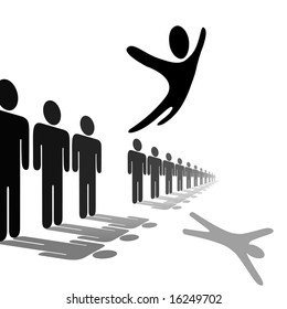 A symbol person out from the crowd and flies above a line of people. Jump for joy, escape, or celebration.