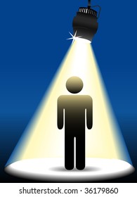 A Symbol Person Stick Figure Shines In Center Stage In The Spotlight On A Blue Background.