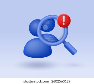 Symbol of a person under a magnifying glass and detected artificial intelligence with an exclamation mark in a red circle. AI detection concept. Vector 3D illustration.