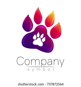 Symbol of pet paw. Animal sign for company, shop, web, medicine, veterinarian and clinic. Vector emblem dog foot. Vioet gradient logo. Bright modern logotype. Isolated on white background