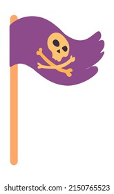 Symbol of piracy, isolated flag on pole depicting crossed bones and skill. Sign of pirate emblem or logotype. Fear and violence on sea surface, waving fabric with colored texture. Vector in flat style