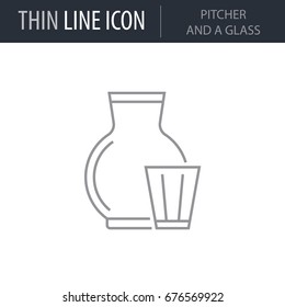 Symbol of Pitcher And A Glass. Thin line Icon of Milk. Stroke Pictogram Graphic for Web Design. Quality Outline Vector Symbol Concept. Premium Mono Linear Beautiful Plain Laconic Logo