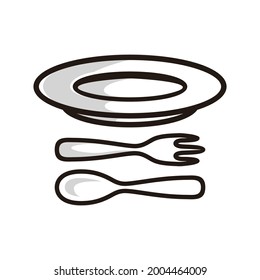 Symbol für Teller, Löffel und Gabel, in schwarzer Linie Art Stil und Schatten Detail.
