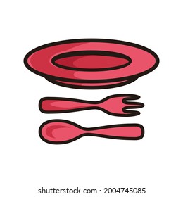 symbol of plate, spoon and fork, red colored in black line art style and shadow detail.