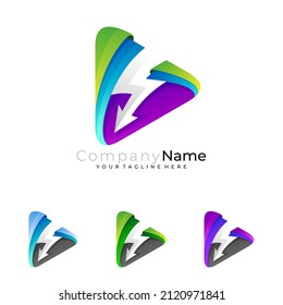 Symbol play logo and thunder design, 3d colorful logos