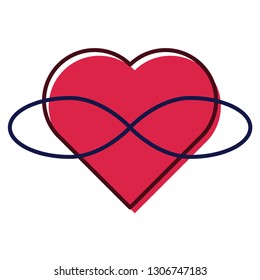 Symbol of polyamory. Heart and infinity. Endless love. White background and red heart with infinity.