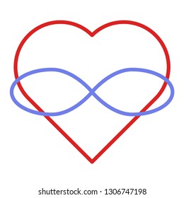 Symbol of polyamory. Heart and infinity. Endless love. White background and linear style. Red heart.