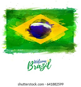 Symbol, poster, banner Brazil. Flag of Brazil with the decoration of the national symbol and color. Style watercolor drawing.  Vector illustration.