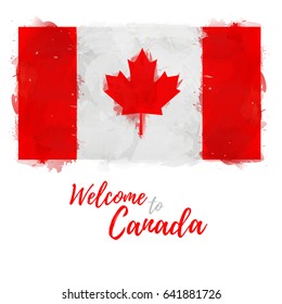 Symbol, poster, banner Canada. Flag of Canada with the decoration of the national symbol maple leaf and color. Style watercolor drawing canadian flag.  Vector illustration.