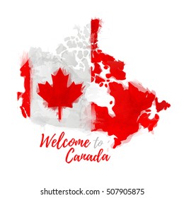 Symbol, Poster, Banner Canada. Map Of Canada With The Decoration Of The National Flag. Style Watercolor Drawing. Canadian Flag With National Flag. Vector.