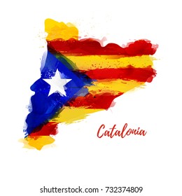 Symbol, poster, banner Catalonia. Map of Catalonia with the decoration of the national flag. Style watercolor drawing. Vector.