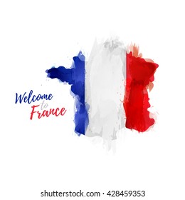 Symbol, poster, banner France. Map of France with the decoration of the national flag. Style watercolor drawing. France map with national flag. Vector.