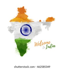 Symbol, poster, banner India. Map with the decoration of the national flag. Style watercolor drawing. Vector. 