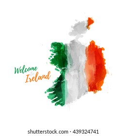 Symbol, poster, banner Ireland. Map of Ireland with the decoration of the national flag. Style watercolor drawing. Ireland map with national flag. Vector.