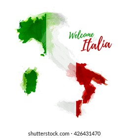 Symbol, poster, banner Italy. Map of Italy with the decoration of the national flag. Style watercolor drawing. Italy map with national flag. Vector.