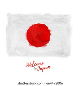 Symbol, poster, banner Japan. Map of Japanese the decoration of the national symbol and color flag. Watercolor style drawing. Vector