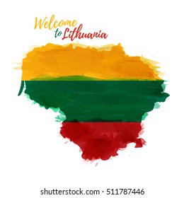 Symbol, poster, banner Lithuania. Map of Lithuania with the decoration of the national flag. Style watercolor drawing. Lithuania map with national flag. Vector.
