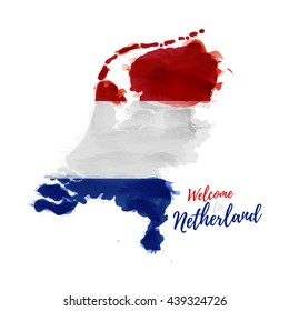 Symbol, poster, banner Netherlands. Map of Holland with the decoration of the national flag. Style watercolor drawing.  Vector.