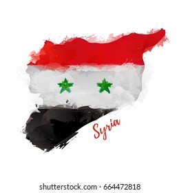 Symbol, poster, banner Republic of Syria. Map of Syria with the decoration of the national flag. Watercolor style drawing. Vector. 