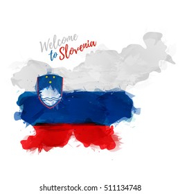 Symbol, poster, banner Slovenia. Map of Slovenia with the decoration of the national flag. Style watercolor drawing. Slovenian map with national flag. Vector.