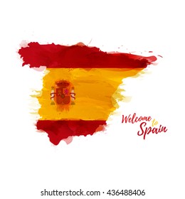 Symbol, poster, banner Spain. Map of Spain with the decoration of the national flag. Style watercolor drawing.  Vector.