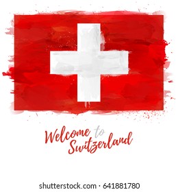 Symbol, poster, banner Switzerland. Flag of Switzerland with the decoration of the national color. Watercolor style drawing. Vector.