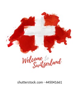 Symbol, poster, banner Switzerland. Map of Switzerland with the decoration of the national flag. Watercolor style drawing. Vector. 