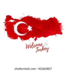 Symbol, poster, banner Turkey. Map of Turkey with the decoration of the national flag. Style watercolor drawing. Turkish map with national flag. Vector.