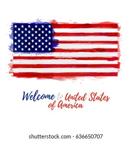 Symbol, poster, banner USA. Flag of United States of America with the decoration of the national color. Style watercolor drawing. America flag with national graphic. Vector