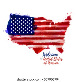 Symbol, poster, banner USA. Map of United States of America with the decoration of the national flag. Style watercolor drawing. America map with national flag. Vector.