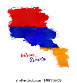 Symbol, poster, banner Welcome to Armenia. Map Republic of Armenia with the decoration of the national flag. Style watercolor design. Vector illustration.