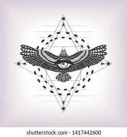 Symbol of power. Wings and all seeing eye. Vision of God Providence. Geometric pattern with flying eagle and al seeing eye. the sketch for print t shirt and tattoo art and coloring book pages.