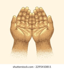 Symbol of praying hands drawn and colored using pointillism technique.