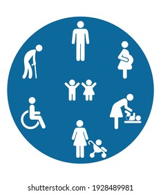 Symbol Priority Disable Passenger Elderly passenger Pregnant Old man Woman with infant child baby orthopedic wheelchair crutches mobility Human vector sign. Disabled toilet symbol. Priority seating .