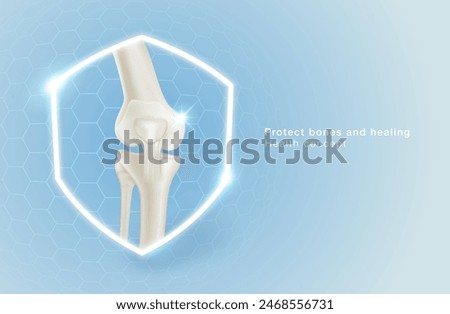Symbol protecting bones and healing of knee joints or treatment of medical services With shield symbol and leg bone on blue pastel background. Clinic, specialized hospital, food and vitamins.