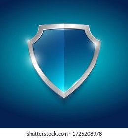 Símbolo de protección, guardia. Escudo azul brillante con guarnecido plateado. Elemento heráldico.
