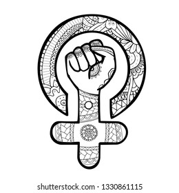 Symbol of protest against discrimination of women, femist power sign in floral adult colouring book style page.
