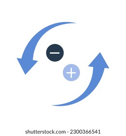 Symbol of purification. Two arrows spin in a circle. The ion cycle. positively and negatively charged particles. Air exchange, Clean and fresh air. Vector illustration