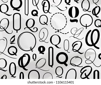 Symbol q pattern drawing on crumpled paper background