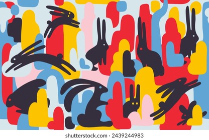 Symbol of rabbits in bizarre places. Abstract vector illustration like blot with animals and trees. Seamless pattern