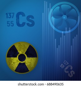 Symbol Of Radioactive Caesium Hazard Vector Illustration. A Cesium Atom 147 On A Blue Background. The Striking Design Of Nuclear Contamination.