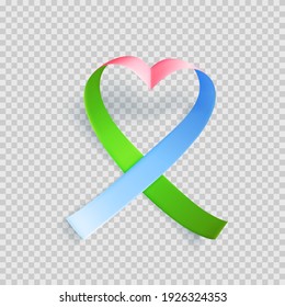 Symbol of rare disease, realistic pink, green, blue ribbon. Template for awareness day on 28 february over transparent background, vector illustration.