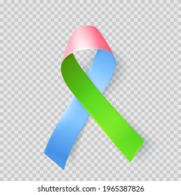 Symbol of rare disease, realistic pink, green, blue ribbon. Template for awareness day on 28 february over transparent background, vector illustration.