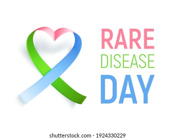 Symbol of rare disease, realistic ribbon heart shaped. Poster template for awareness day on 28 february, vector illustration.