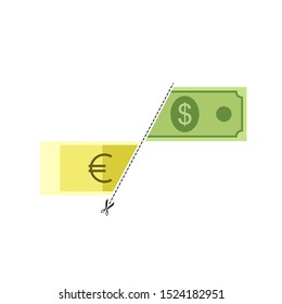 Symbol of rate cut line for two dollar and euro bills financial illustration of the world economy
