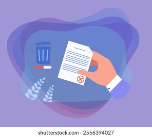 Symbol of recycle bin and hand holding document or letter. Employer or businessman rejecting report or job application flat vector illustration. Delete, failure concept for banner or landing web page