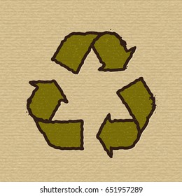 Symbol of recycling on texture of brown packing cardboard.