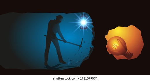 Symbol of reflection with a man digging an underground in search of an idea represented by a light bulb.